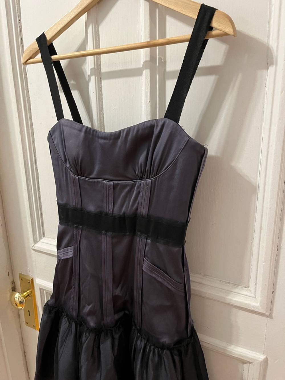 BCBGMaxAzria Muted Purple Satin Corset Dress with Black Straps
